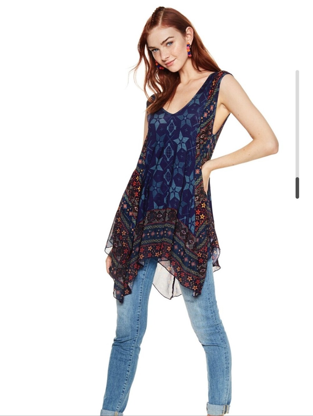 Desigual Navy Blue Printed V‑Neck Flowing Tank Top